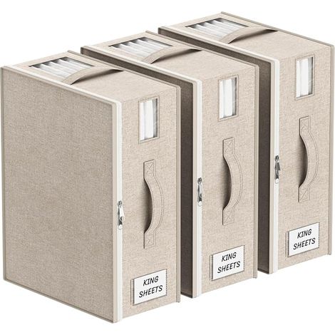 Folding Bed Sheet Storage Bag, Bed Linen Organizer with 2 Transparent Windows and 1 Label, Storage Box Duvet Cover, 40 x 30 x 15 cm, Set of 3, Beige (1/5)