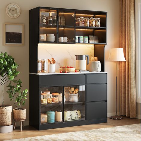 Credenza alta 120/40/180 cm nera e bianca con LED, vetrine e piano effetto marmo (1/5)
