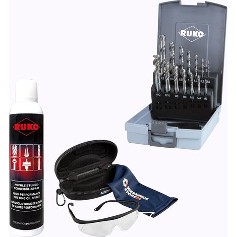 RUKO Macho de máquina HSS, forma B M3–M12, incl. brocas espirales tipo N de 14 piezas, incl. spray y gafas de seguridad - WZS245049RO