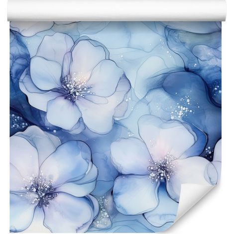 Carta da parati con inchiostro azzurro, blu e bianco per soggiorno e camera da letto, 50x1000 cm.