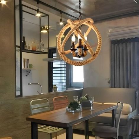 LAMPADARIO SOSPENSIONE 3 SORGENTI E14 CORDA CANAPA VINTAGE PENDENTI SFERA 220V