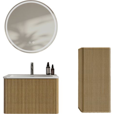 Meuble salle de bain suspendu avec vasque, miroir LED rond anti-buée et colonne de rangement, finition bois clair, pour petit espace, style moderne - CHICFURN (1/5)