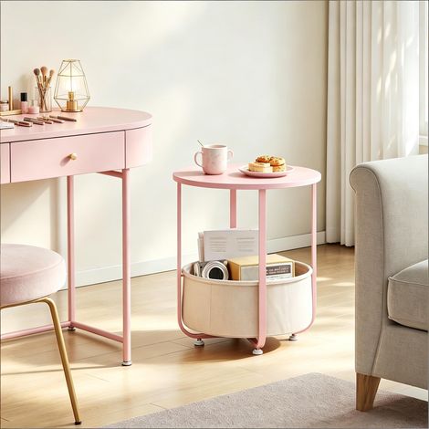 Console ronde avec panier de rangement, en rose, 45x45x50cm (1/4)