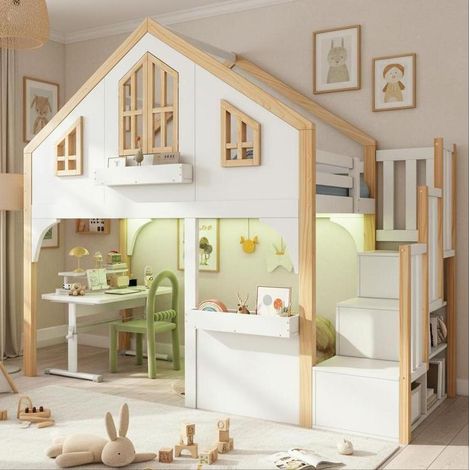 Cama alta infantil 90x200 cm blanca y natural de pino con escalera de almacenaje y LED (1/5)