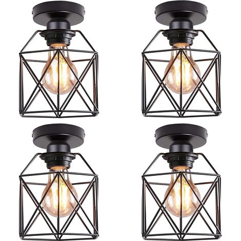 Plafonnier Industrielle Rétro Abat-jour en Métal Luminaire Cage Hexagonale Vintage Suspension E27 Éclairage de Plafond pour Couloir Entrée Chambre, 15CM (Noir, 4 pack) (1/5)
