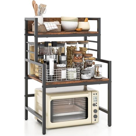 Goplus – Support extensible à micro-ondes 3 niveaux – Etagère en métal et bois marron rustique – Dimensions 52 x 42 x 78 cm – Capacité 50 kg (1/5)