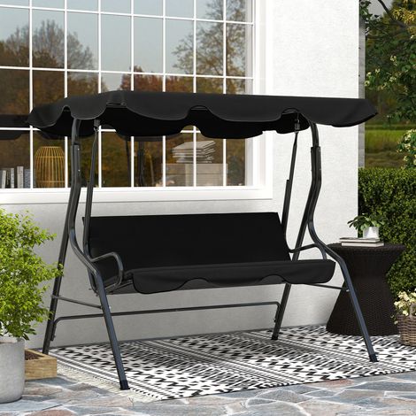 Altalena da giardino a 3 posti con tettuccio impermeabile, inclinazione regolabile, cuscini per seduta e schienale, colore nero.