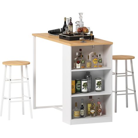 Soges – Table de bar 120x55x100 cm avec 3 étagères et 2 tabourets hauts – Meuble en MDF teck et blanc – Gain de place pour cuisine/salle à manger