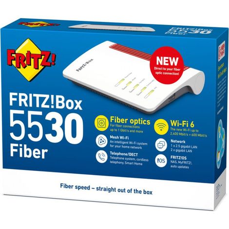 AVM FritzBox 5530 Fiber Edition International Mesh Master Wi-FI 6 2400 Mbit/s (5 GHz) + 600 Mbit/s (2,4 GHz) 2,5 Gigabit LAN 4 x gigabit-LAN 2 x USB 3.0 AON + GPON (20003003)