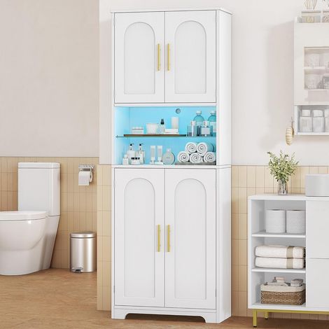 Colonne de salle de bain 2 portes 1 tiroir – Rangement intelligent avec étagères en verre – Design moderne en bois blanc – Charnières silencieuses