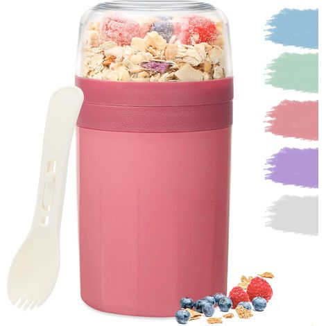 Gobelet à céréales portable 520 ml + 250 ml, pot à yaourt pratique avec cuillère, gobelet à céréales anti-fuite avec récipient pour sauce, boîte à céréales/à pain/à déjeuner, convient aux enfants et a (1/5)