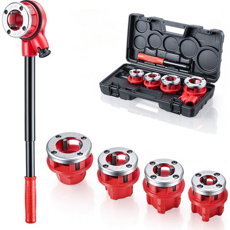 Mophorn Coffret de filetage manuel pour plomberie, 4 filières NPT (1/2, 3/4, 1, 1-1/4 pouces), outil à cliquet pour installation et réparation de tuyaux, avec mallette de transport pratique (1/5)