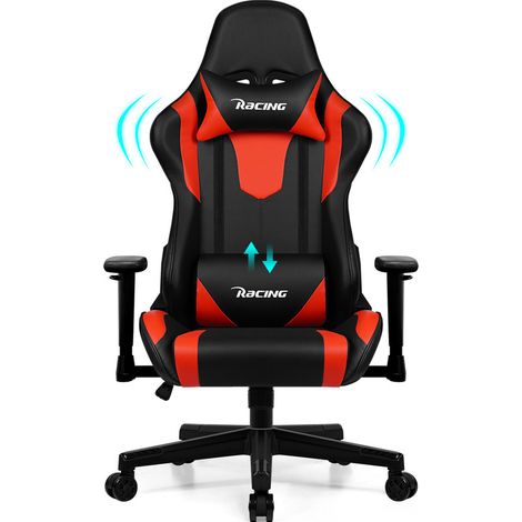 Chaise Gaming, Chaise Bureau Ergonomique avec Coussin Lombaire, Appui-tête et Accoudoirs Réglables, Fauteuil Gaming avec Fonction Bascule 150 kg, Rouge (1/5)