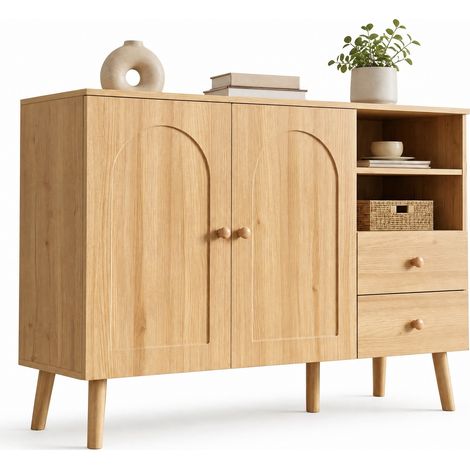 Buffet bas à portes galbées, 2 portes, 2 tiroirs, 2 niches ouvertes, poignées et pieds en bois, rangement salon salle à manger, teinte bois clair  CHICFURN (1/5)
