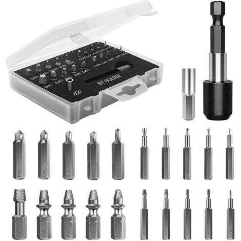Kit d'Extracteur de Vis Cassé, 22 PCS Outils d'Extraction Améliorés en Acier Allié HSS 4341 avec Mèches 2 Porte-embouts d'Extension Magnétique Adaptateur de Prise pour Boulon Endommagé, Noi (1/4)