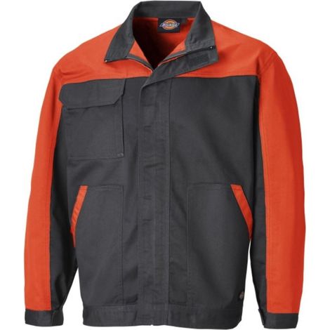 Dickies – Veste de travail multipoches bicolore gris/orange – Poche poitrine – Ourlet réglable – Soufflet d’aisance dans le dos – 65% polyester, 35% coton