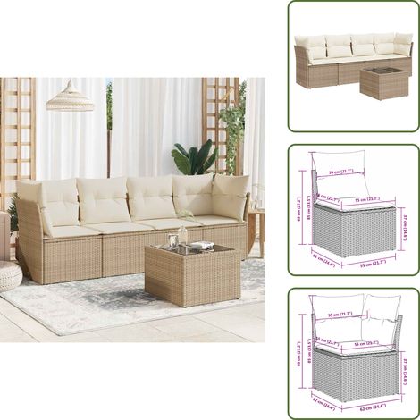 5-tlg. Garten-Sofagarnitur mit Kissen Beige Poly Rattan - Gartensorte - Esszimmergarnituren - Lounge Möbel - Outdoor Sofa - Gartenmöbel Set (1/5)