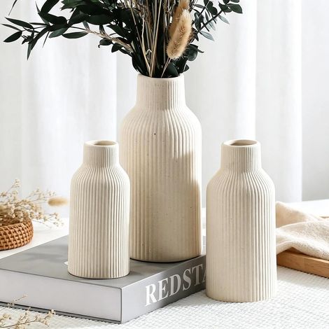 Lot de 3 vases à fleurs en céramique beige, herbe de la pampa pour table à manger, décoration d'étagère, cheminée, décoration d'entrée et centres de table, minimaliste, moderne, bohème (1/5)