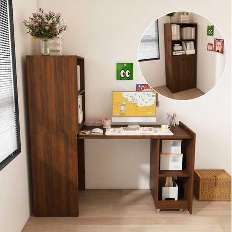 Escritorio abatible con mueble de almacenaje, 126 x 55 x 136 cm, MDF, marrón oscuro, OKMYHOME (1/5)