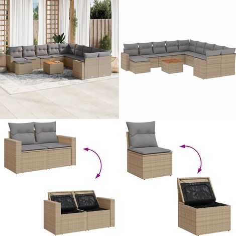 12-tlg. Garten-Sofagarnitur mit Kissen Beige Poly Rattan - Gartenmöbel Set - Rattan Möbel - Outdoor Lounge - Esstisch - Gartenecke - Home & Living