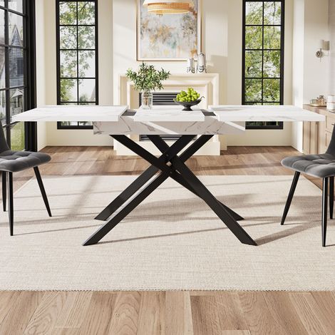 Esstisch Teleskoptisch(120-160cm) ,Ausziehbarer Esstisch ,platzsparender Küchentisch,Schwarz gekreuzte Eisenbeine,für Küche und Wohnzimmer,Weißer marmorierter Esstisch (1/5)