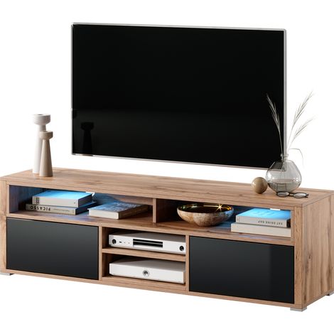 Selsey TV-Lowboard LAKSA - Fernsehschrank in Wotan Eiche / Schwarz Hochglanz mit LED-Beleuchtung, 137 cm breit (1/5)