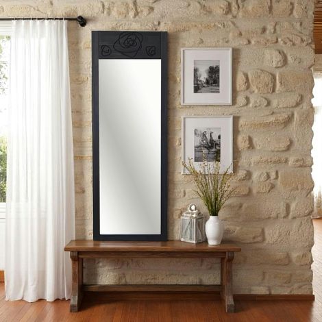Miroir vertical en bois gris foncé - motif rose HILO (1/5)