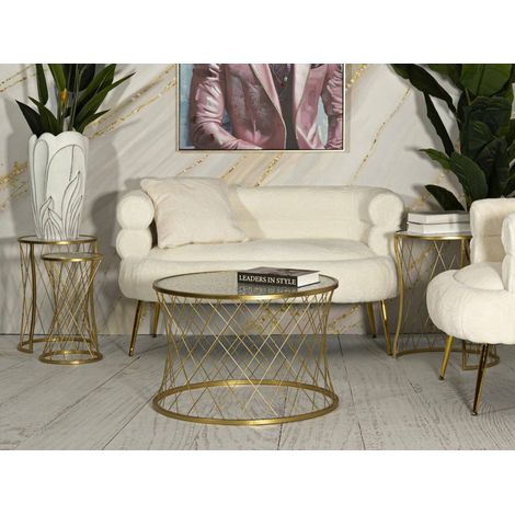 Dmora - Set mit 4 Wohnzimmertischen Ibar, Niedriger Wohnzimmertisch, Kaffeeregal, Couchtisch für Sofa, 70x70 h55 cm, Gold (1/5)