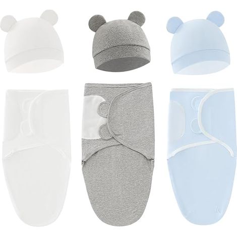 Baby-Schlafsack-Set mit Kapuze, für Babys von 0-3 Monaten, 3-teiliges Set, weiche, reine Baumwolle, tragbare Pucktücher für Neugeborene, für Jungen und Mädchen (1/5)