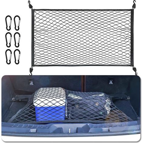Red de almacenamiento para maletero de coche, tamaño 80x60 cm, red para equipaje con 6 mosquetones, 4 ganchos y refuerzo elástico. (1/5)