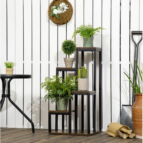 Estante para plantas (40x40x81 cm), de 4 niveles, estructura de acero, aglomerado, marrón (1/5)