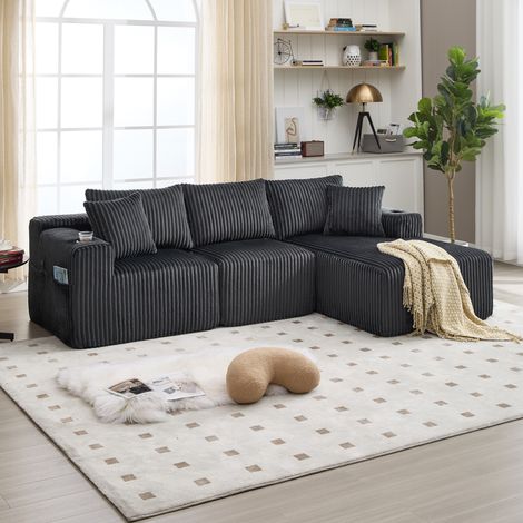 Sofá de 3 plazas con 5 cojines, bolsillos laterales y portavasos. Espuma de alta densidad, tejido de pana, color gris. (1/5)