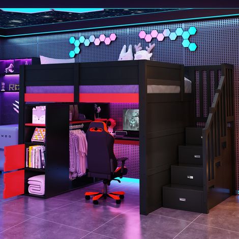 Lit Mezzanine métal 140x200 avec LED et Port USB, Lit Superposé Enfant 2 Places avec Rangements, Bureau et rambarde et escalier, Lit en Hauteur, Noir (1/5)