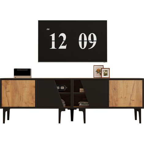 Meuble TV 160 x 36,5 x 45 cm avec 4 compartiments et 7 pieds de soutien, design moderne minimaliste finition bois naturel, adapté aux téléviseurs jusqu’à 65 pouces