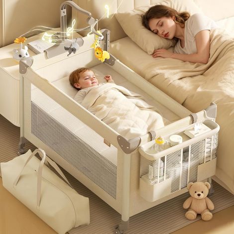 4-in-1 Co-Sleeping Umbrella Bed, Playpen, Changing Table – Folding Travel Cot with Musical Arch and Bag, Adjustable Height (4 Levels), Birth to Toddler (1/5)