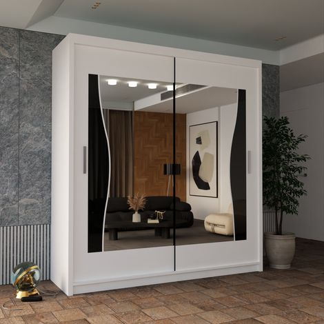 Modern 2 Door Sliding Mirror Wardrobe with Shelves & Hanging Rails - White120cm