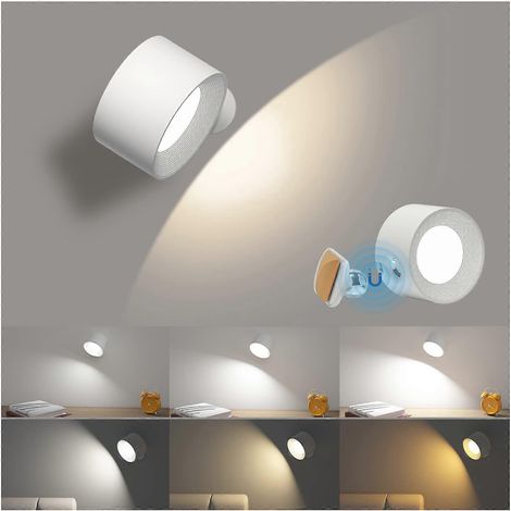 Batteriebetriebene LED-Wandleuchte, 360° verstellbar, 3 Farbmodi, dimmbar per Touch-Steuerung, Weiß