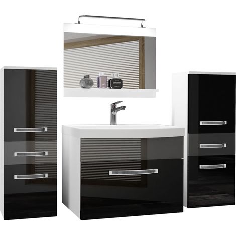 Belini – Ensemble de meubles de salle de bain avec lavabo 60 cm – Miroir 60x50 cm – 2 armoires suspendues 30x81,1 cm – Éclairage LED inclus – Noir brillant (1/5)