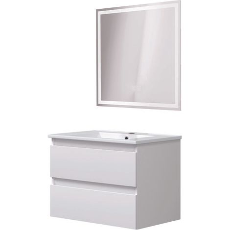ONDEE ZEN - Meuble salle de bain à suspendre LILA - 60cm - 2 Tiroirs - Blanc - Miroir LED LAURA