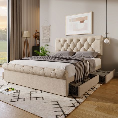 Lit adulte 140x200 cm avec 4 tiroirs, tête de lit réglable, capitonné, sommier à lattes, lin naturel (1/5)
