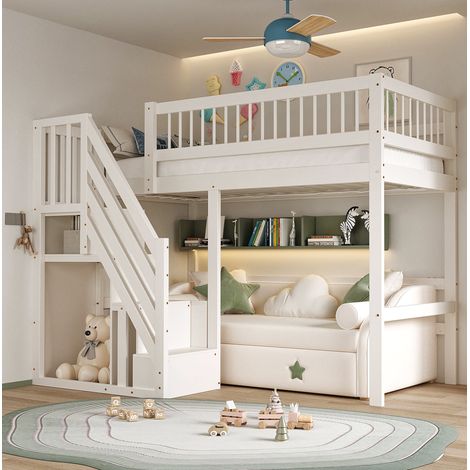 Letto rialzato bambino 90x200 cm con scala portaoggetti, in legno, bianco, senza materasso (1/5)