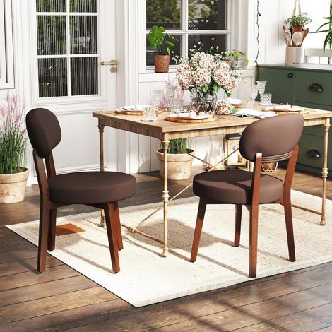 Lot de 2 chaises de salle à manger en cuir PU marron, pieds bois massif (1/5)