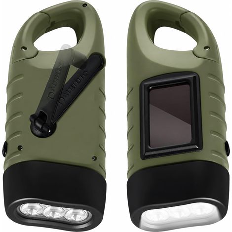 Lot de 2 Lampe Torche Solaire Lampe de Poche LED d’Urgence avec Mousqueton Lampe Dynamo Manivelle Portable Mini Lampe Torche pour L'extérieur Randonnée Camping Équipement D'urgence (1/5)