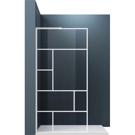 SONNI Walk-in Duschwand 6mm NANO Klares Sicherheitsglas Selbstreinigend Weißer Gittermuster Duschpanel mit L-Typ Haltestange 100x200cm (1/5)