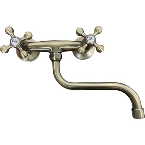 Robinet mural de cuisine en bronze ancien – Entraxe 15 cm – Finition laiton – Bec pivotant pour espaces de travail