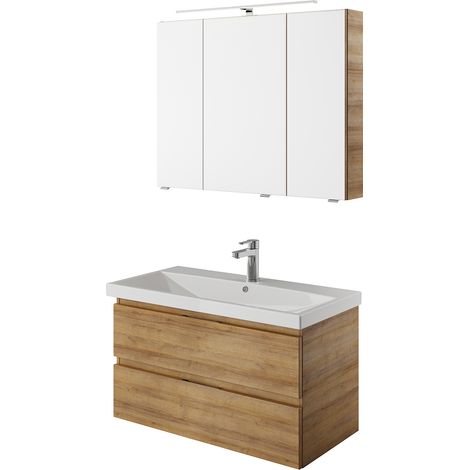 Badmöbel Set in Riviera Eiche Nb. mit Keramik Waschbecken VILLATORO-66, B/H/T ca. 90/200/45 cm (1/5)
