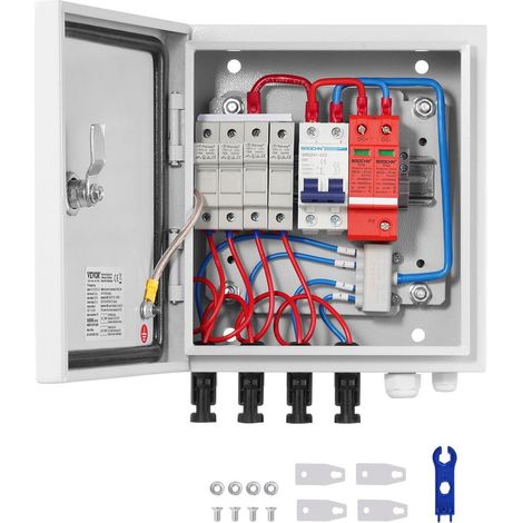 Boîte de Combinaison PV VEVOR Coffret Solaire 4 Chaînes Disjoncteur 63A Fusible 15A Parafoudre 40kA IP65 DC 500V (1/5)