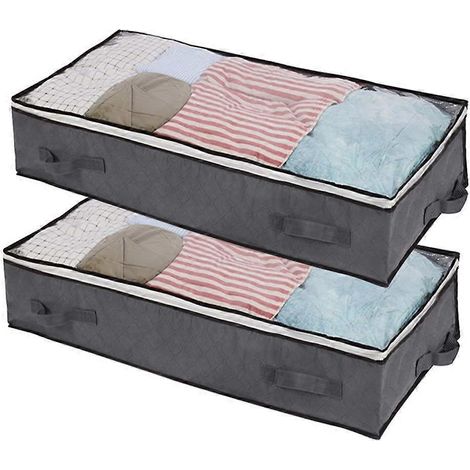Lot de 2 sacs de rangement de 100 L à glisser sous le lit, avec 4 poignées et 2 fermetures éclair robustes, pour couvertures, vêtements, couettes, sacs de rangement pliables avec fenêtre transparente  (1/5)