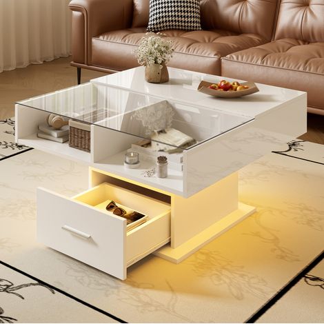 Mesa de centro elevable LED, 78 x 78 cm, altura regulable, con almacenaje, blanco HAVRYA (1/5)