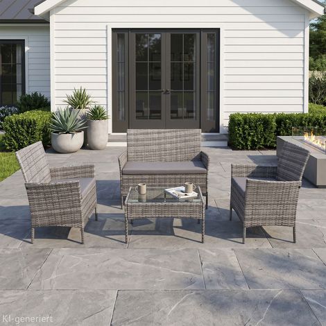 Svita – Ensemble de salon de jardin 4 pièces – Canapé en polyrotin gris – Table avec plateau en verre – Fauteuils avec coussins déperlant